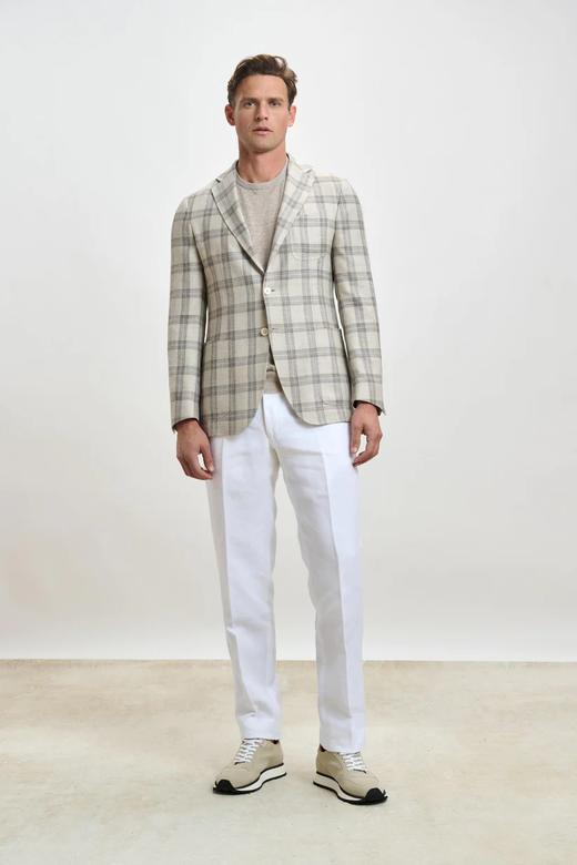 Scabal Taormina 陶尔米纳 羊毛蚕丝亚麻浅棕色格纹全麻衬单西 商品图1