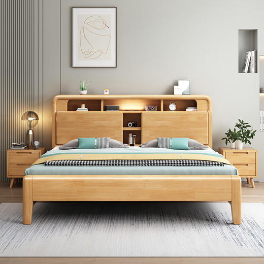 北欧风实木床A001#硬靠 .靠背可打开 .原木色（齐） 商品图1