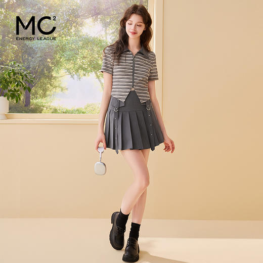 mc2翻领条纹配飘带百褶裙灰色两件套女2024夏季新款元气甜辣风 商品图1