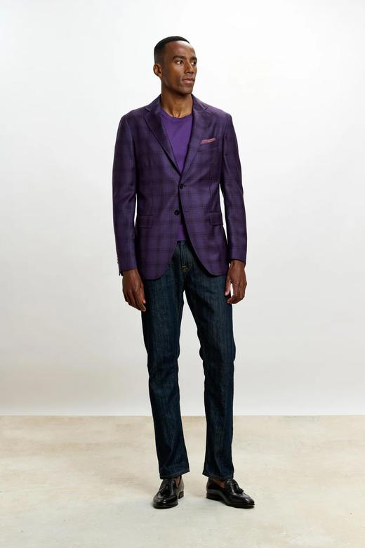 Scabal Mosaic Super 130's 澳洲美丽诺羊毛紫色格纹全麻衬单西 商品图1