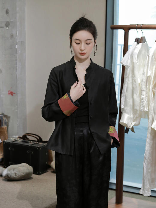 盛唐牡丹 |龟纹香云纱配花蕾缎袖口外套 商品图0