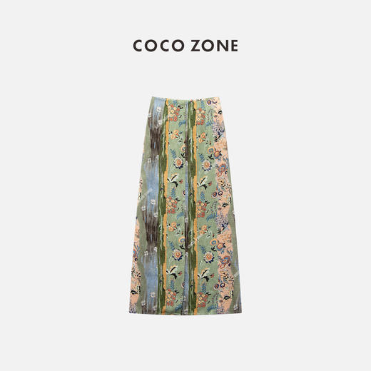 COCO ZONE“油画裙”复古撞色半身裙时尚后开叉设计中长裙CC2B0650 商品图1