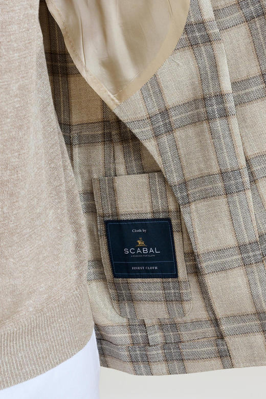 Scabal Taormina 陶尔米纳 羊毛蚕丝亚麻浅棕色格纹全麻衬单西 商品图6