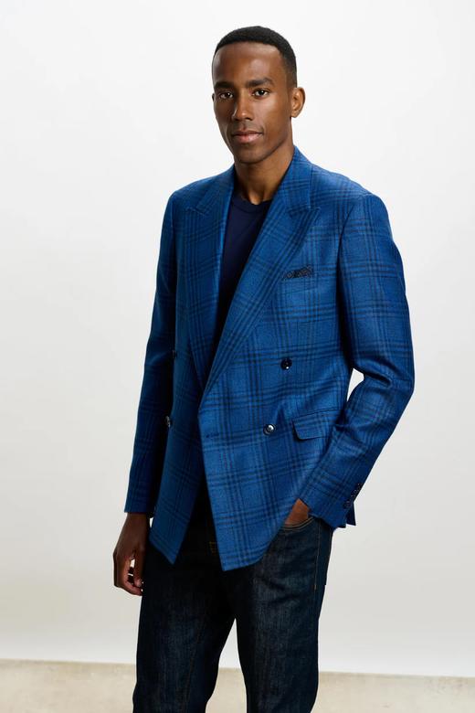 Scabal Taormina 陶尔米纳 羊毛蚕丝亚麻蓝色格纹全麻衬单西 商品图0