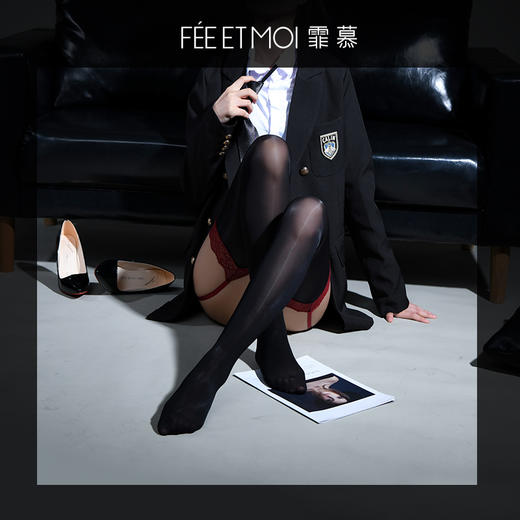 霏慕 吊带一体蕾丝油光情趣丝袜3301  内衣开档床上热辣免脱诱惑黑丝撞色长筒大码开裆高筒袜情趣内衣 油亮丝滑 商品图1