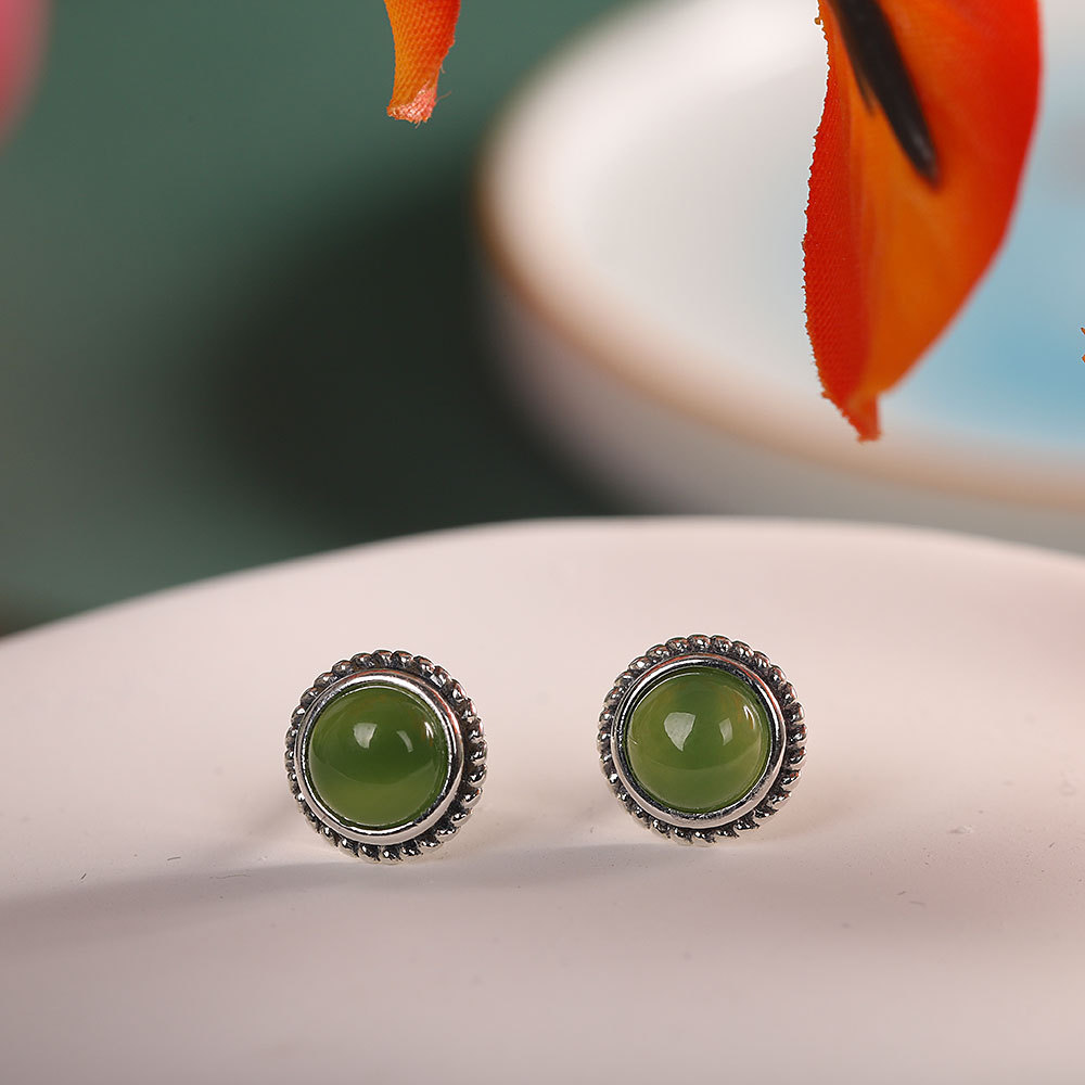 【静然】S925银镶嵌和田玉碧玉圆形耳饰【RP-ed021062】