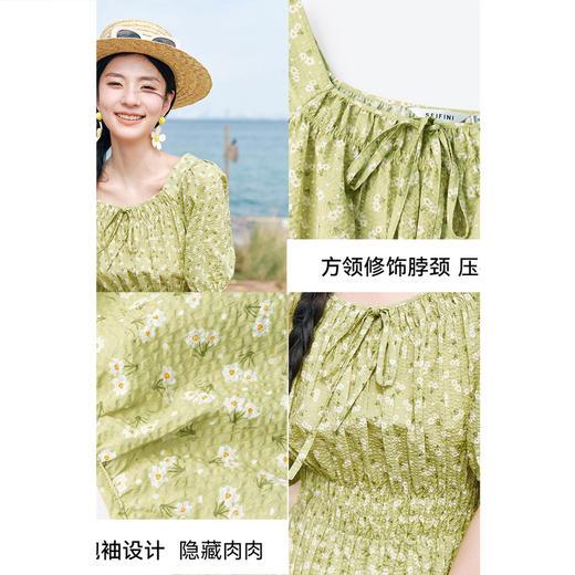 【严选】诗凡黎连衣裙泡泡袖方领碎花裙子女2024春夏新款泡泡袖复古气质SF4190831 商品图2