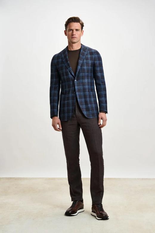 Scabal Taormina 陶尔米纳 羊毛蚕丝亚麻深棕色蓝色格纹全麻衬单西 商品图3