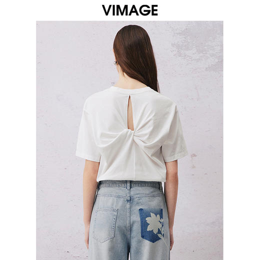 VIMAGE纬漫纪夏季新款舒适微弹棉感白色圆领T恤上衣V2102707 商品图4