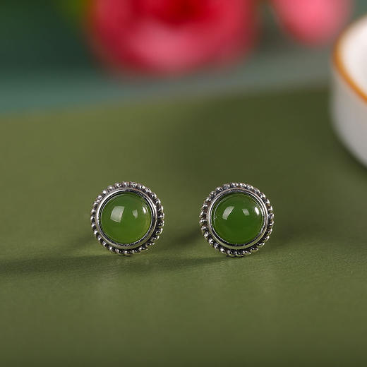 【静然】S925银镶嵌和田玉碧玉圆形耳饰【RP-ed021062】 商品图2