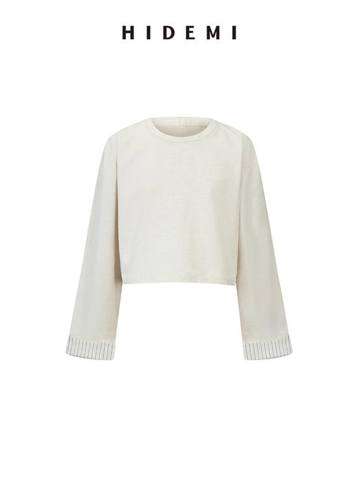 HIDEMI 极简水洗亚麻原色条纹卷边短款套装 上衣/短裤 商品图6