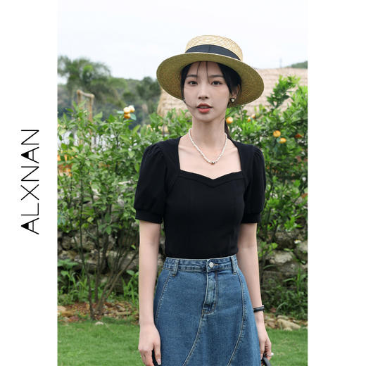 鹿向南《法式少女》宫廷风方领T恤女夏季法式设计感短袖上衣LXN25309 商品图0