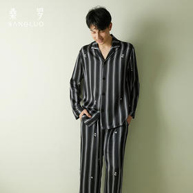 【新品萌宠】桑罗熊猫条纹印花真丝睡衣男士套装亲肤透气长袖长裤情侣同款居家服