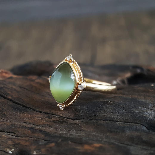 【天然正品】AU750精品黄金镶钻镶天然猫眼碧玉和田玉戒指050424NJM38 商品图1