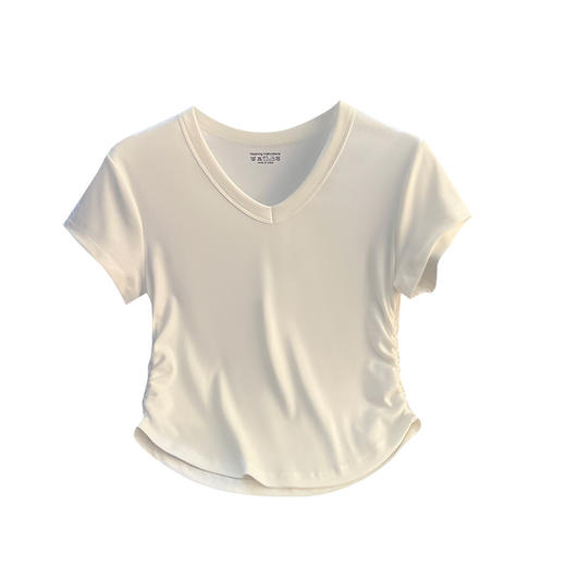 HT-5728设计感褶皱V领短袖T恤女夏季显瘦修身收腰不规则小衫正肩短款上衣 商品图4