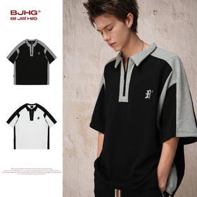 BJHG不计后果 美式复古撞色拼接短袖t恤男潮牌POLO衫宽松运动上衣