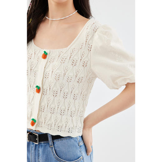 【严选】诗凡黎白色方领镂空针梭拼针织衫2024夏新款设计感流行上衣女SF4330771 商品图3