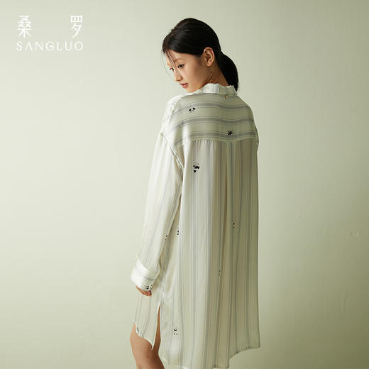 【新品萌宠】桑罗熊猫条纹真丝衬衫裙长袖睡裙可外穿简约宽松舒适透气连衣裙 商品图3