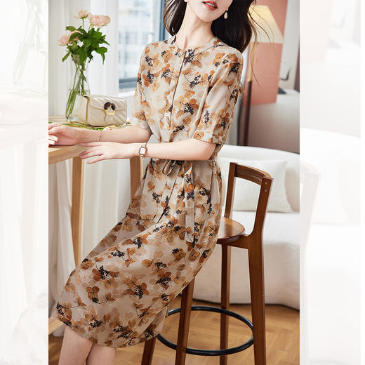 TC29621 双绉重磅真丝连衣裙2024夏新款短袖收腰显瘦桑蚕丝大码女中长裙子 商品图0