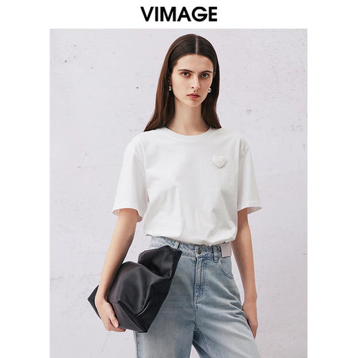 VIMAGE纬漫纪夏季新款舒适微弹棉感白色圆领T恤上衣V2102707 商品图0