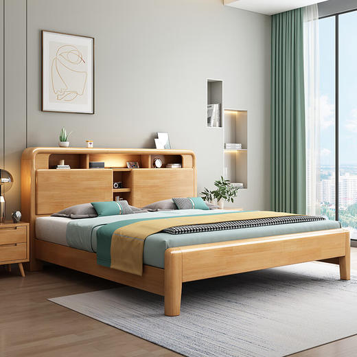 北欧风实木床A001#硬靠 .靠背可打开 .原木色（齐） 商品图0