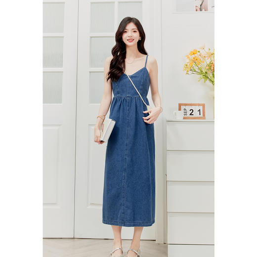 【严选】诗凡黎v领牛仔吊带连衣裙2024夏新款纯棉流行漂亮好看中长裙SF4391711 商品图0