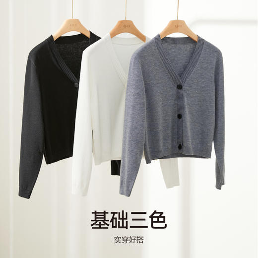 逸阳V领针织衫女2024春叠穿新款开衫上衣宽松短黑色毛衣外套3572 商品图2