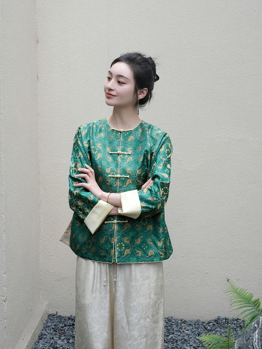 盛唐牡丹 |鹿财进宝重缎宋锦对襟外套 商品图0