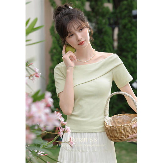 鹿向南「密竹翠隐」法式短袖t恤女2024夏季新款不规则设计感上衣 商品图1