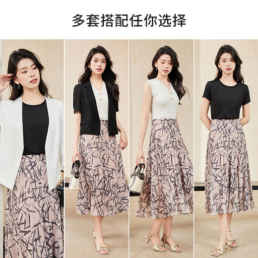 【商场同款】CJSJ428 “ 清新竹叶半裙  ” 低饱和粉色调 结合竹叶印花图案展现东方女性的淡然闲适、雅致韵味 塔裙结构设计 富有层次 显高显瘦 轻薄雪纺抗皱舒适 商品图6