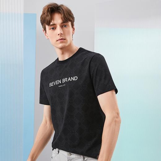 【含桑蚕丝】柒牌男士短袖t恤夏季厚款时尚字母满印休闲圆领上衣	126T71840 商品图1