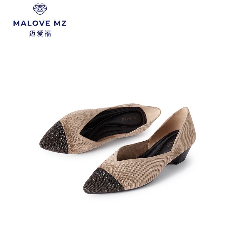 FX---MALOVE MZ王妃鞋2024秋季新款3.7cm坡跟香风满天星水晶尖头单鞋女