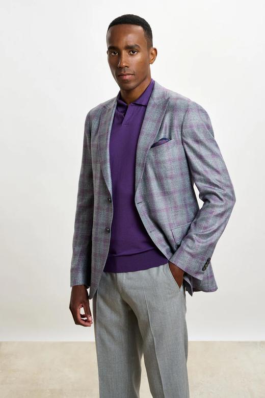 Scabal Taormina 陶尔米纳 Bamboo Viscose 竹纤维灰色紫色格纹全麻衬单西 商品图0