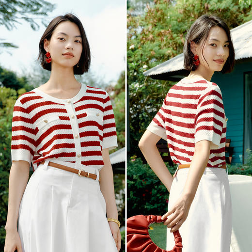 【严选】伊芙丽气质条纹百搭针织开衫女2024夏装新款经典休闲淑女毛衫女1F4930681 商品图1