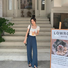 【金蘑菇菇 瘦瘦开叉裤】高腰垂感质感休闲裤小个子显腿长