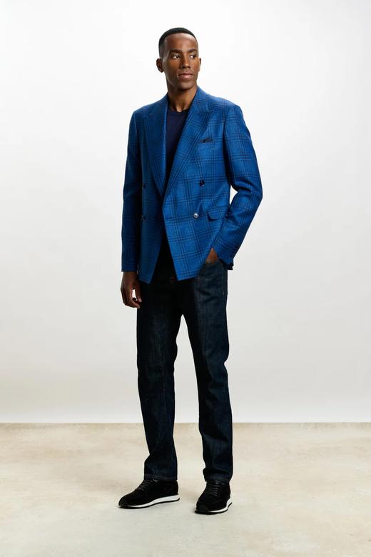 Scabal Taormina 陶尔米纳 羊毛蚕丝亚麻蓝色格纹全麻衬单西 商品图2