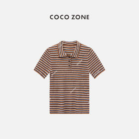 COCO ZONE2024"棕系条纹"复古条纹短袖针织衫撞色Polo领休闲上衣CC2B0646