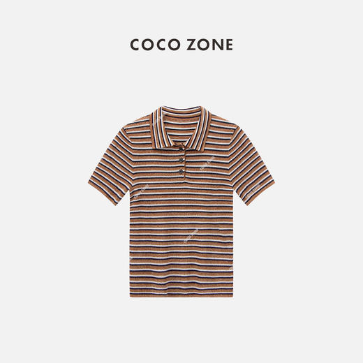 COCO ZONE2024"棕系条纹"复古条纹短袖针织衫撞色Polo领休闲上衣CC2B0646 商品图0
