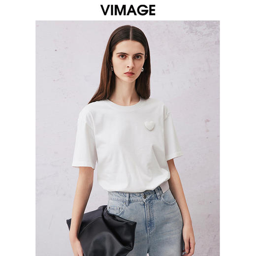 VIMAGE纬漫纪夏季新款舒适微弹棉感白色圆领T恤上衣V2102707 商品图1