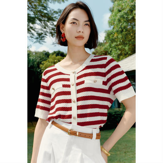 【严选】伊芙丽气质条纹百搭针织开衫女2024夏装新款经典休闲淑女毛衫女1F4930681 商品图0