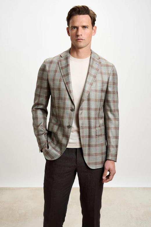 Scabal Taormina 陶尔米纳 Bamboo Viscose 竹纤维浅棕色格纹全麻衬单西 商品图1