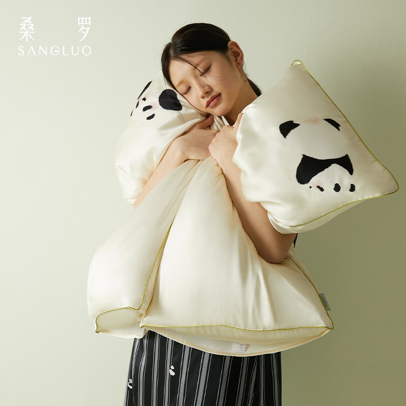 熊猫桑罗双面枕套亲肤舒眠天然桑蚕丝双人枕头套简约高端送礼一对装