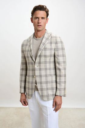 Scabal Taormina 陶尔米纳 羊毛蚕丝亚麻浅棕色格纹全麻衬单西