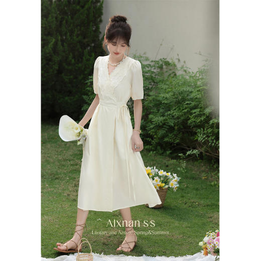 【65折秒杀】鹿向南「凤舞」法式温柔V领连衣裙女夏季年收腰显瘦裙子长裙L36115 商品图3