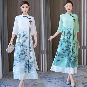 AHM-3022复古长款旗袍改良奥黛裙夏季新款中国风气质优雅显瘦连衣裙