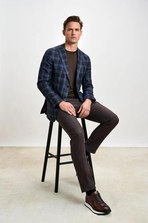 Scabal Taormina 陶尔米纳 羊毛蚕丝亚麻深棕色蓝色格纹全麻衬单西 商品图2