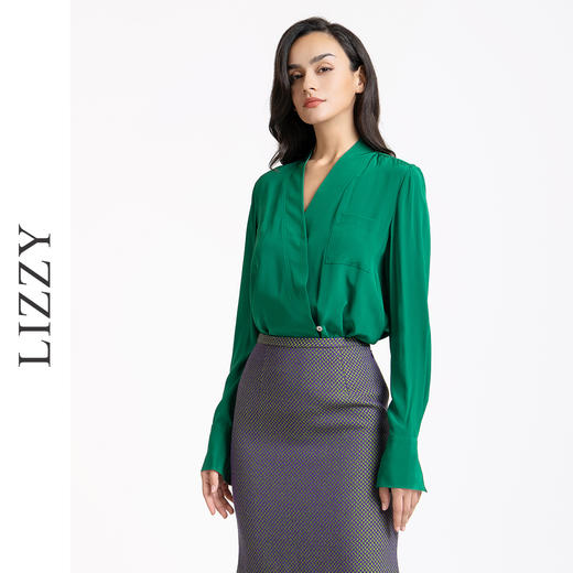 LIZZY  优雅简约新中式重磅真丝西装式V领衬衫上衣7443 商品图1