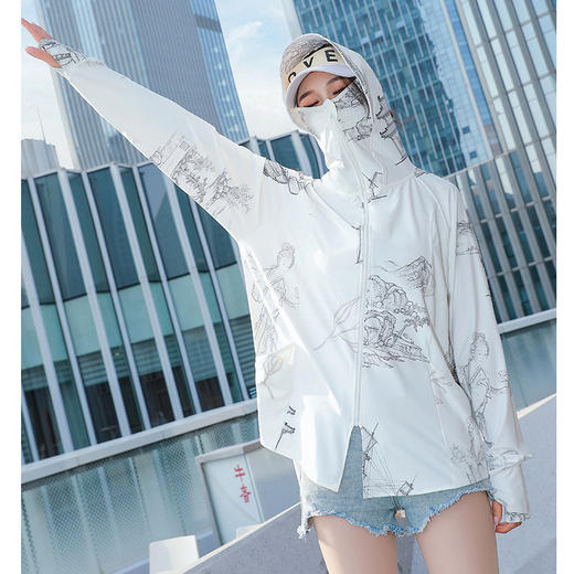 夏季新款【印花国风冰丝女 防紫外线长袖超薄款外套】连帽透气防晒衣 潮流时尚印花 国庆出游 商品图2