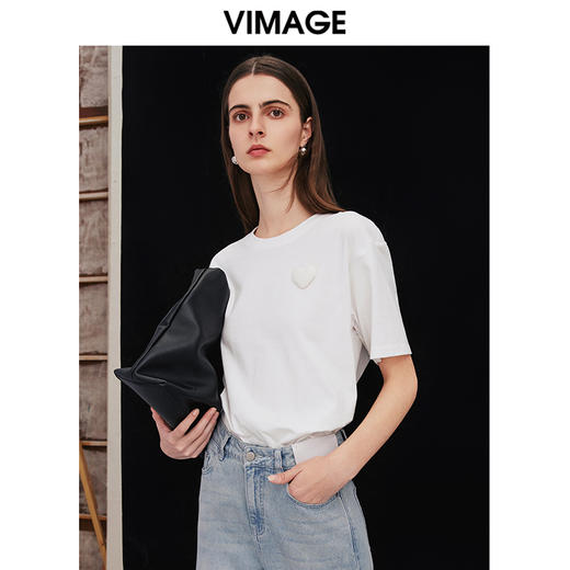 VIMAGE纬漫纪夏季新款舒适微弹棉感白色圆领T恤上衣V2102707 商品图2