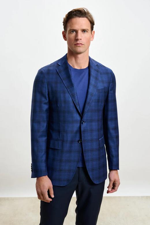Scabal Mosaic Super 130's 澳洲美丽诺羊毛蓝色格纹全麻衬单西 商品图0